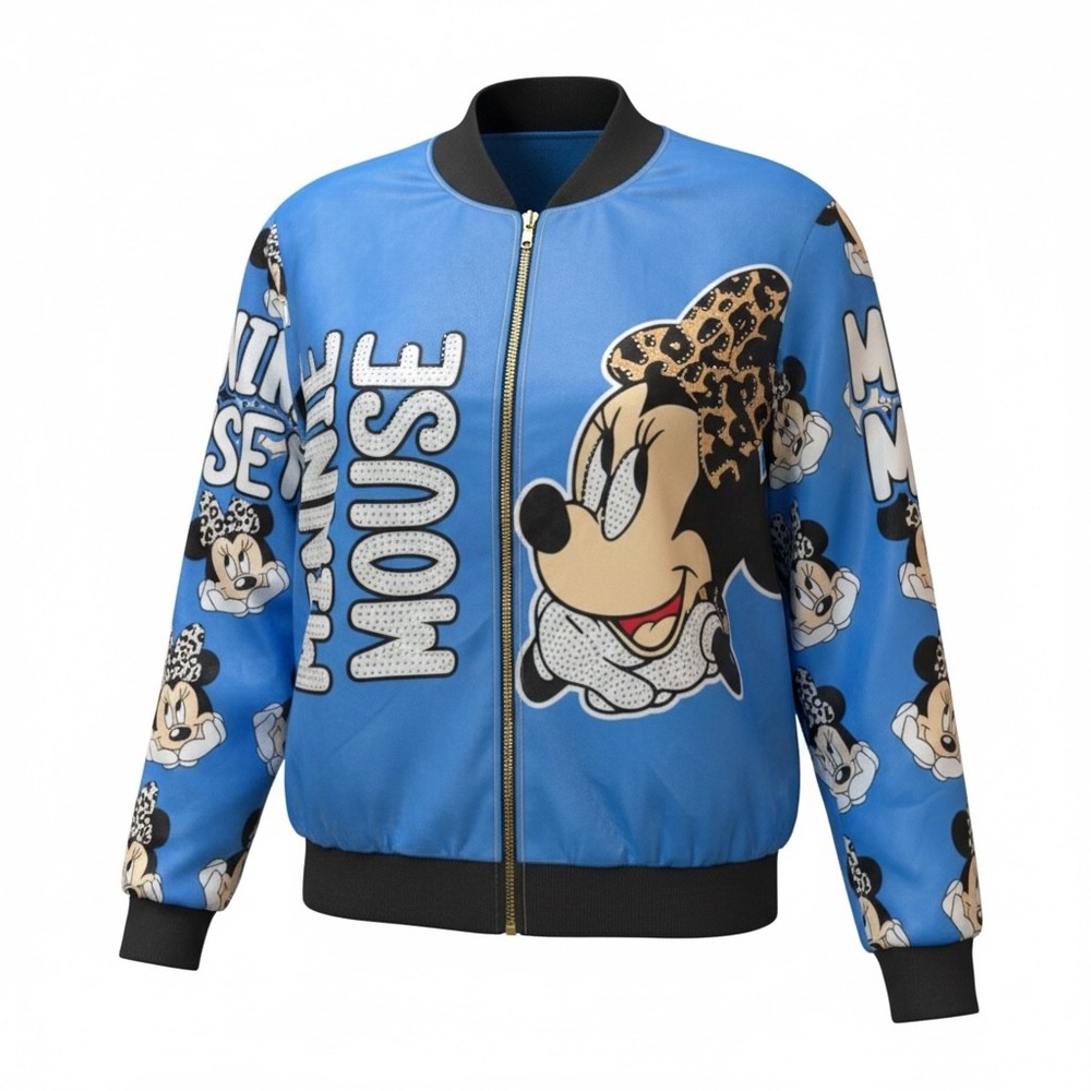 Minnie Mouse Bomber Jacket Leopard Bow Rhinestone Zip Up Women's size unknown